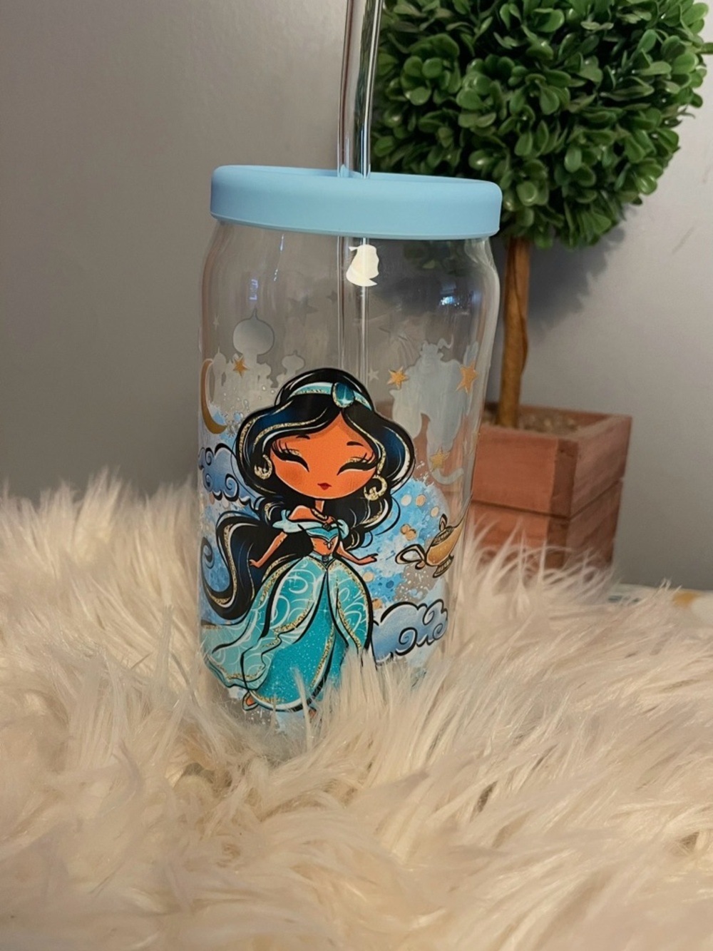 Princess Jasmine Disney Glass Cup with Lid & Straw – 20 oz